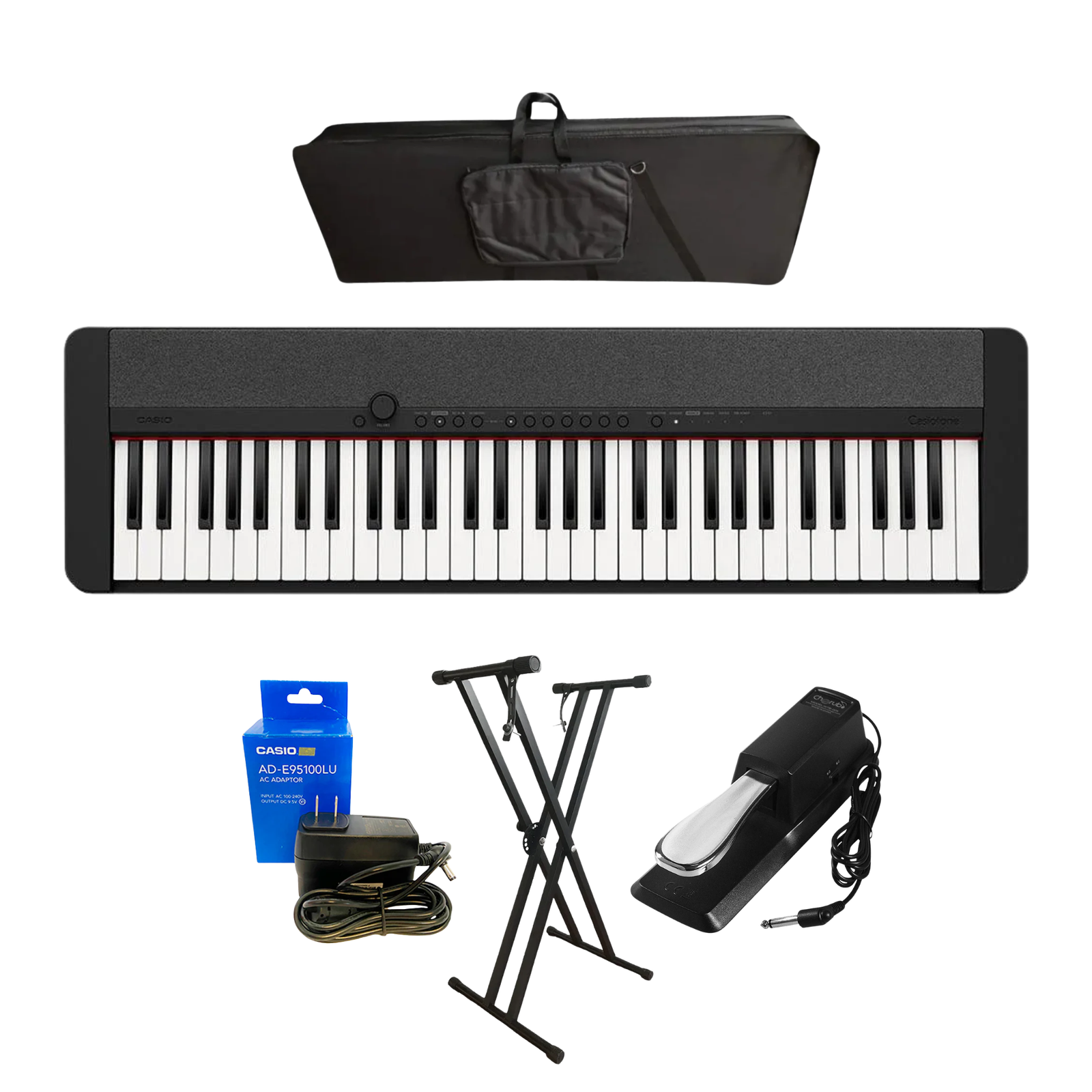 Combo Teclado Piano Casio CT-S1 BK 61 Teclas Sensibles al Tacto con Base, Estuche, Atril, Pedal, USB MIDI y Adaptador Original