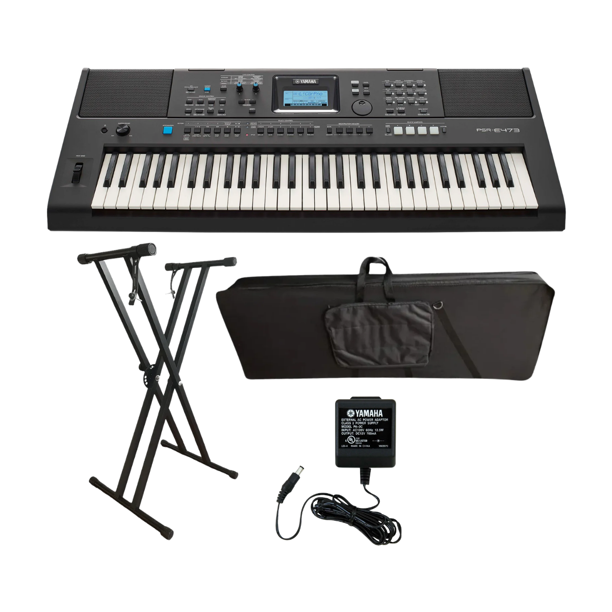 COMBO Piano Yamaha PSR-E473 Sensible + Estuche semiduro – Base metalica doble importada
