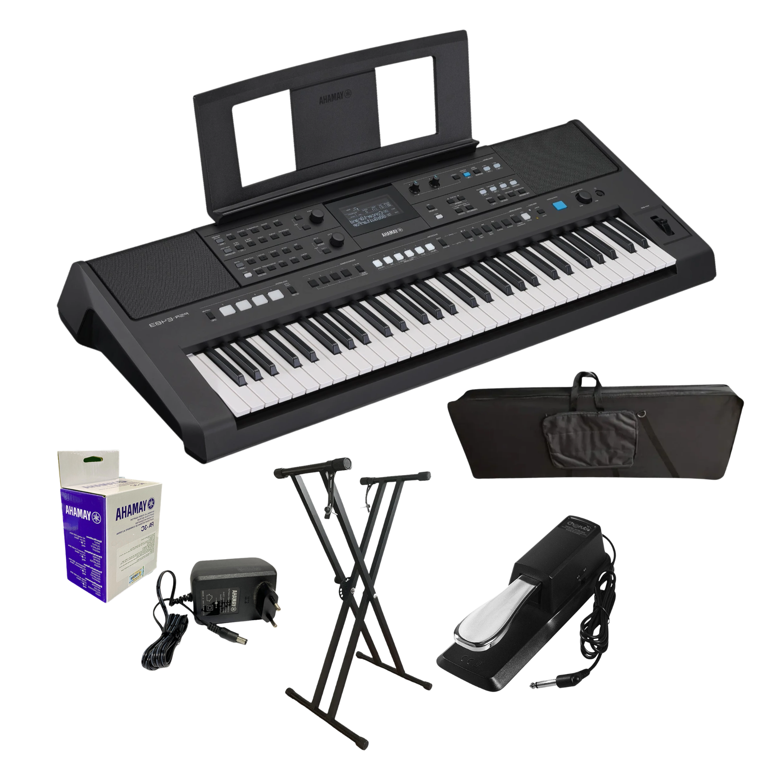 Combo Teclado Piano Yamaha PSR-E483 61 Teclas Sensibles al Tacto con Base, Estuche, Atril, Pedal, USB y Adaptador