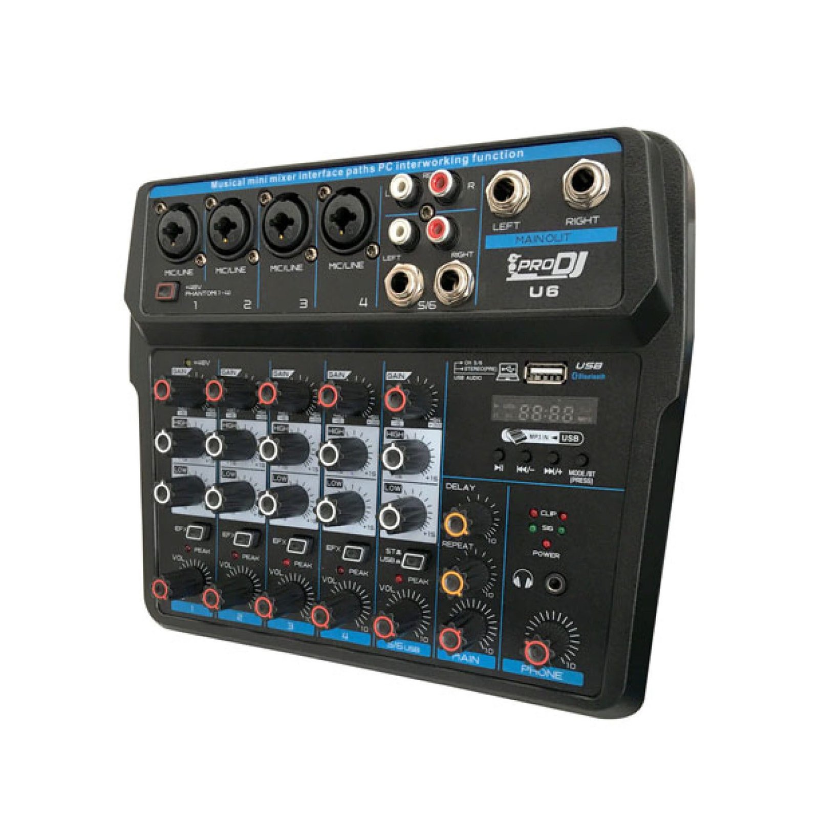 Consola Mezclador Análoga PRO DJ U6 de 4 Canales con USB y Bluetooth