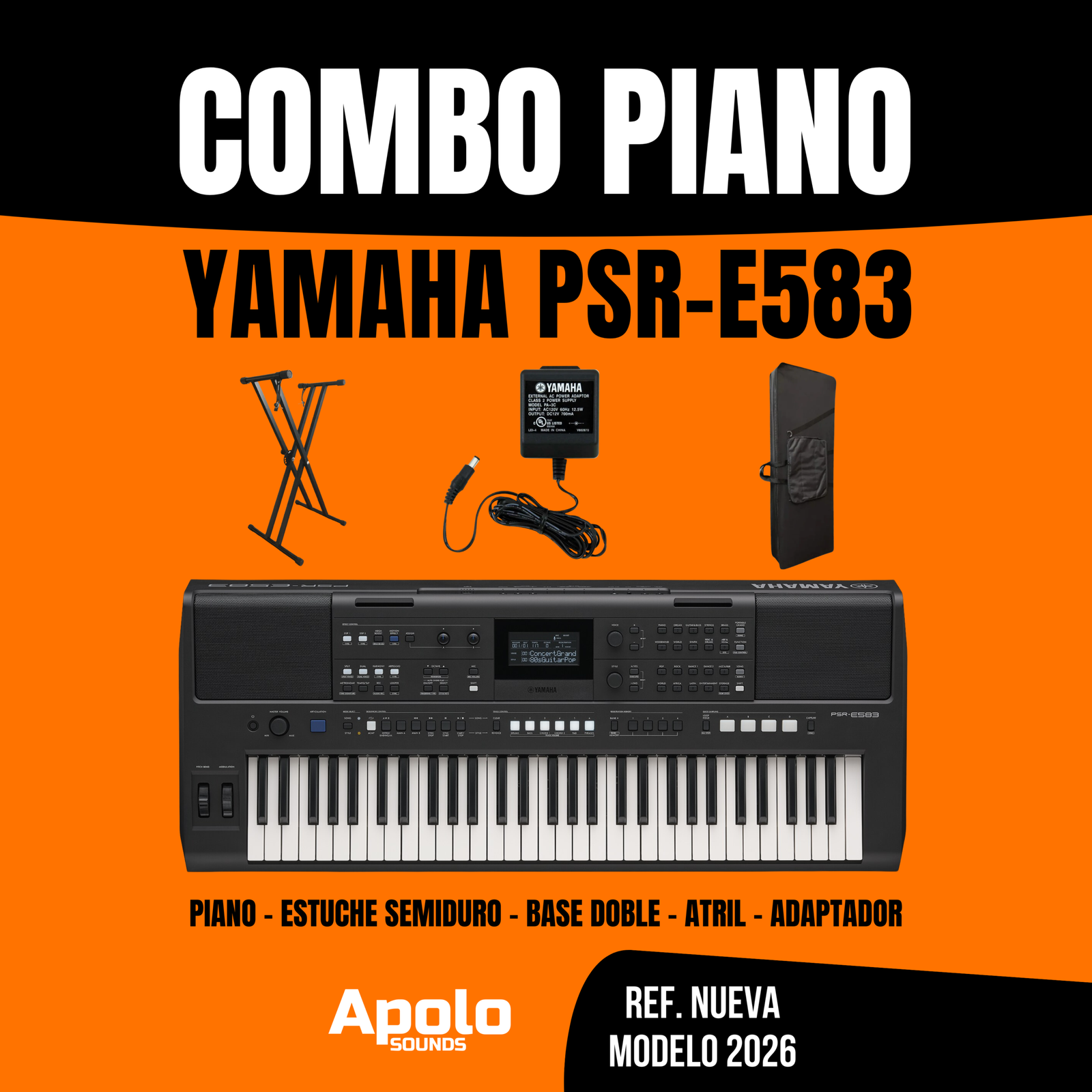 COMBO Piano Yamaha PSR-E583 Sensible + Estuche semiduro – Base metalica doble importada 61 TECLAS