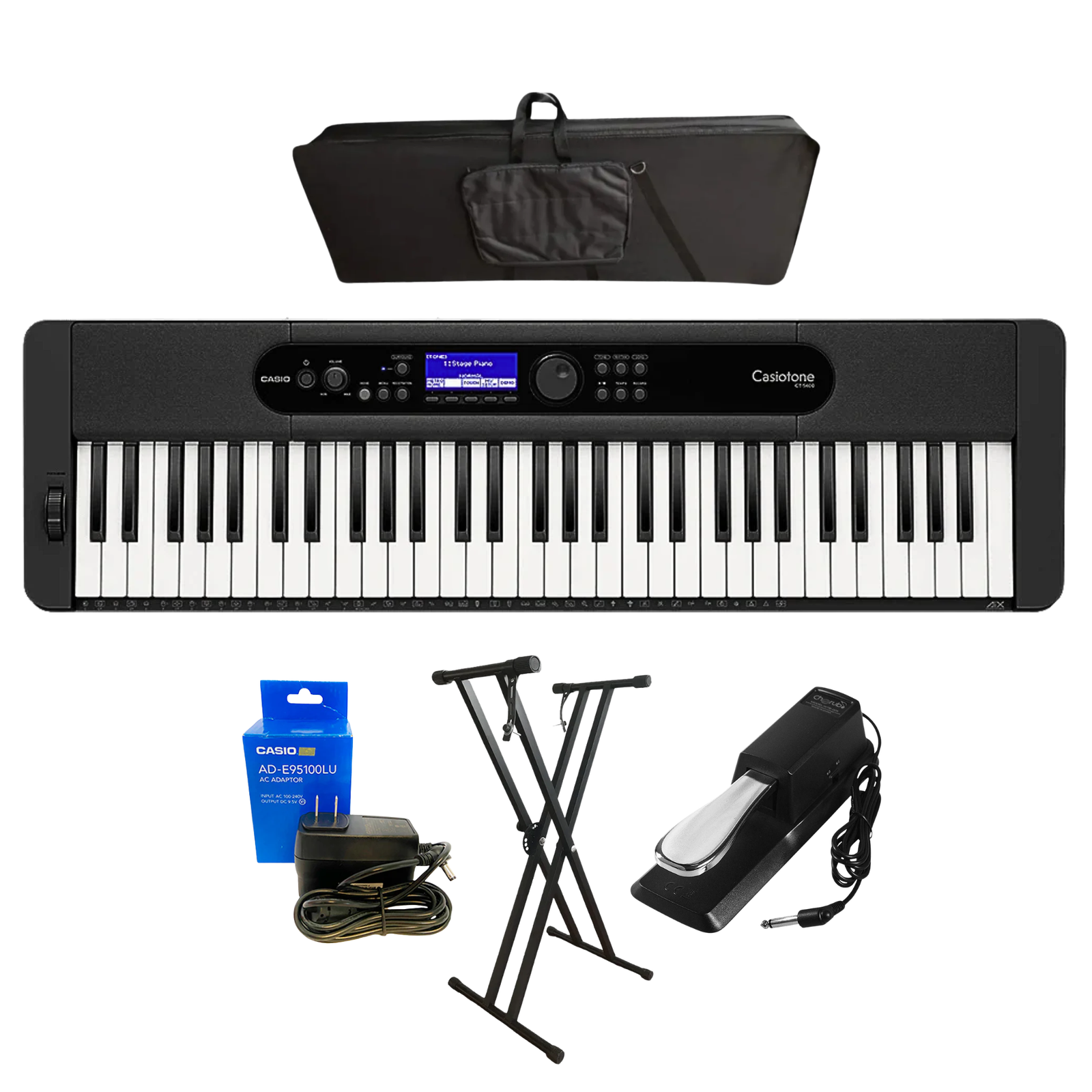 Combo Teclado Piano Casio CT-S400 61 Teclas Sensibles USB MIDI con Base, Estuche, Atril, Pedal y Adaptador Original