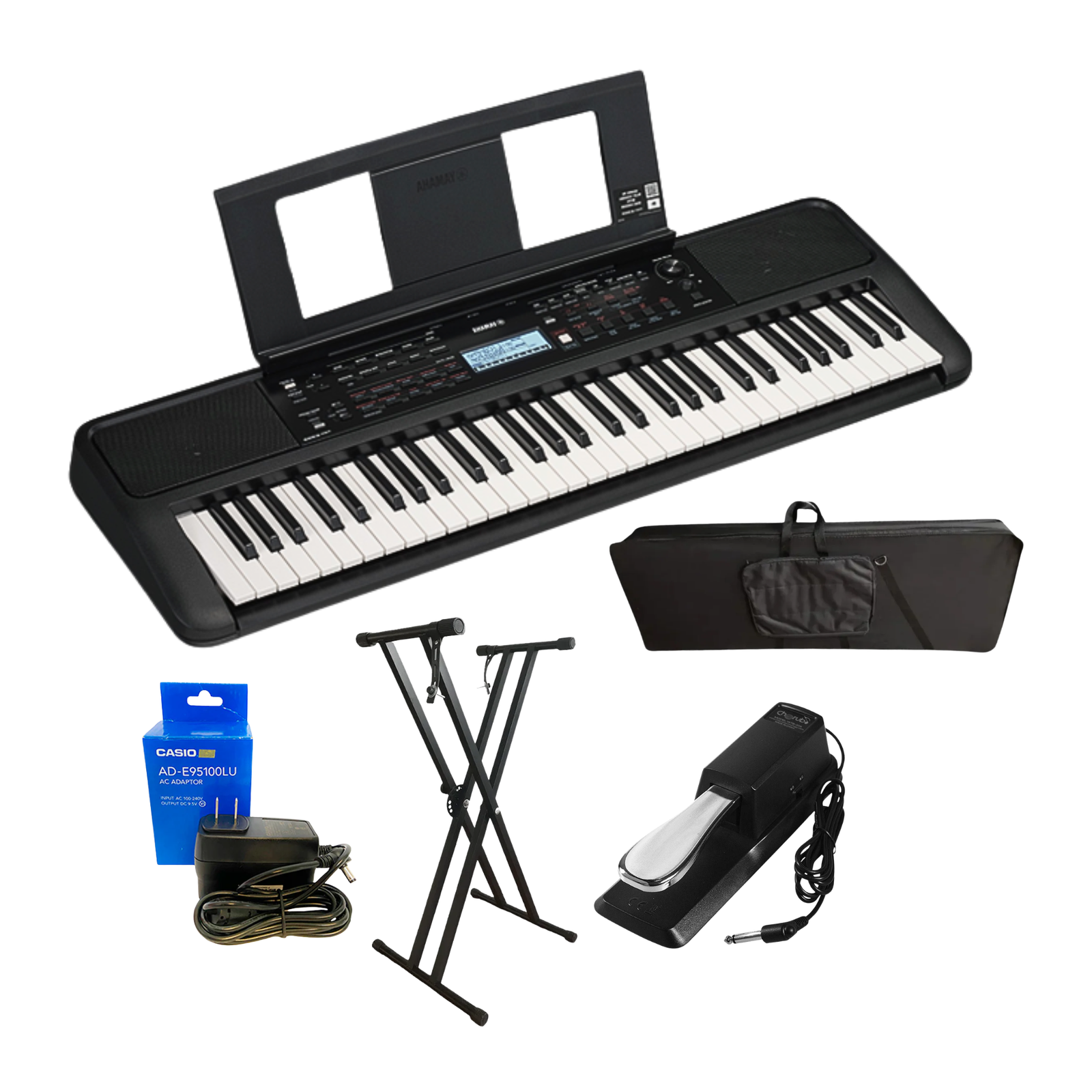 Combo Teclado Piano Yamaha PSR-E483 61 Teclas Sensibles al Tacto con Base, Estuche, Atril, Pedal, USB y Adaptador