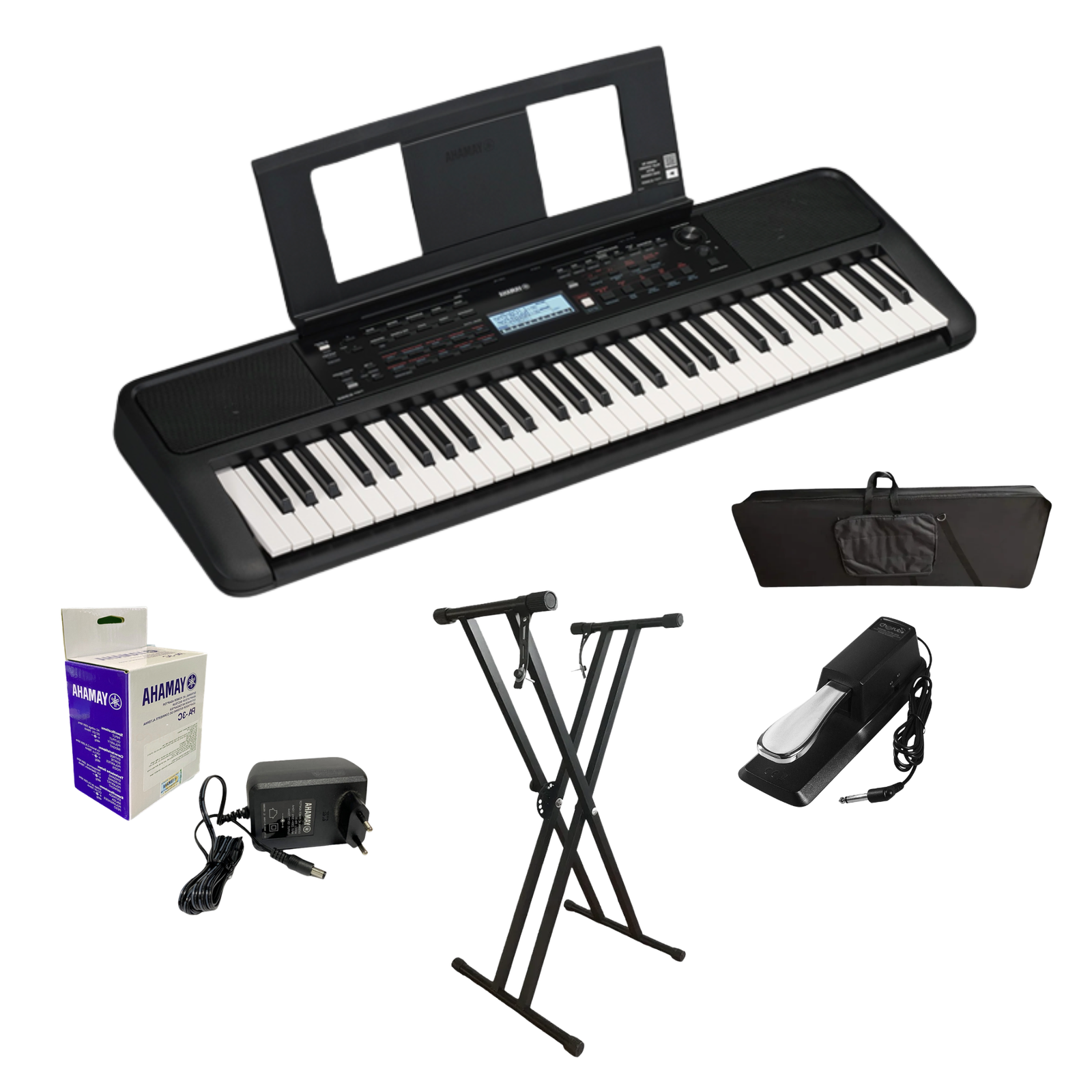 Combo Teclado Piano Yamaha PSR-E383 61 Teclas con Base, Estuche, Atril, Pedal, Adaptador Original y USB