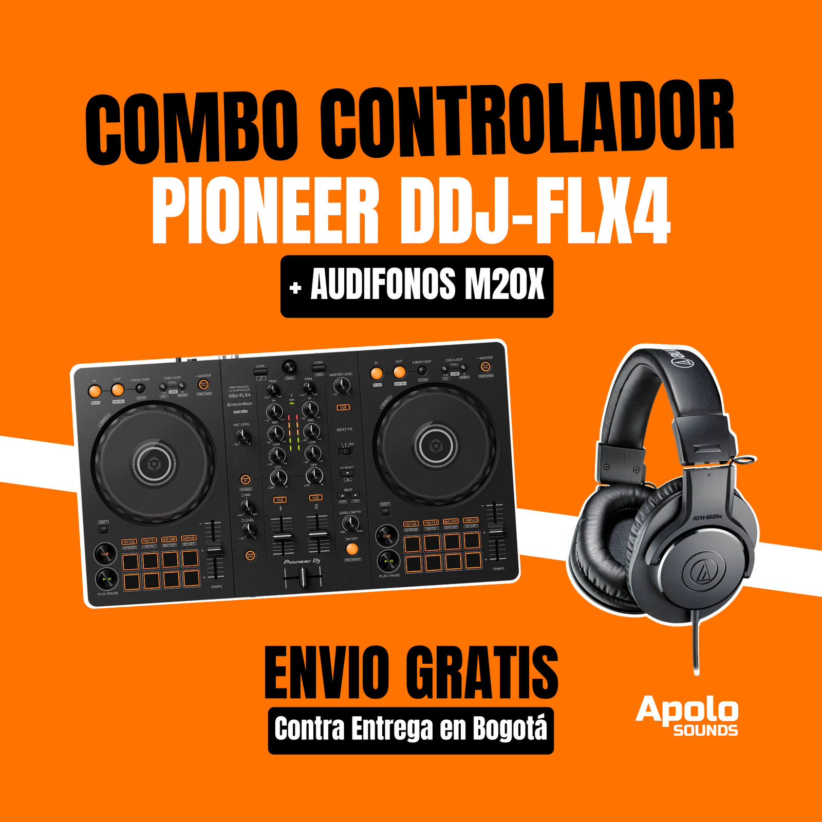 Combo Controlador DJ Pioneer DDJ-FLX4 con Audífonos Audio-Technica ATH-M20X